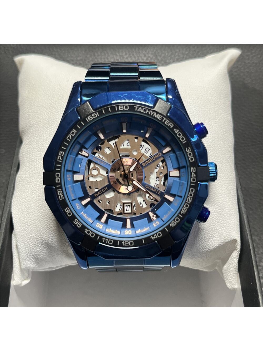 BINBOND Stainless Steel Blue Skeleton Quartz Date Wristwatch 45mm, New Battery